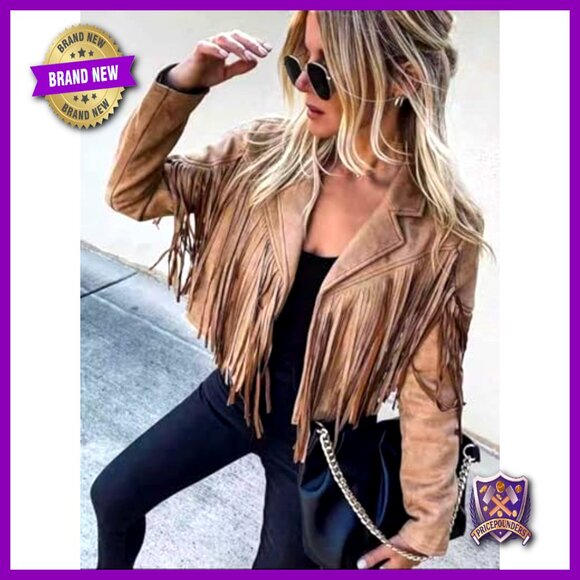 Faux Suede Cropped Fringe Jacket Western Motorcycle Style Retro Chic - Picture 3 of 7